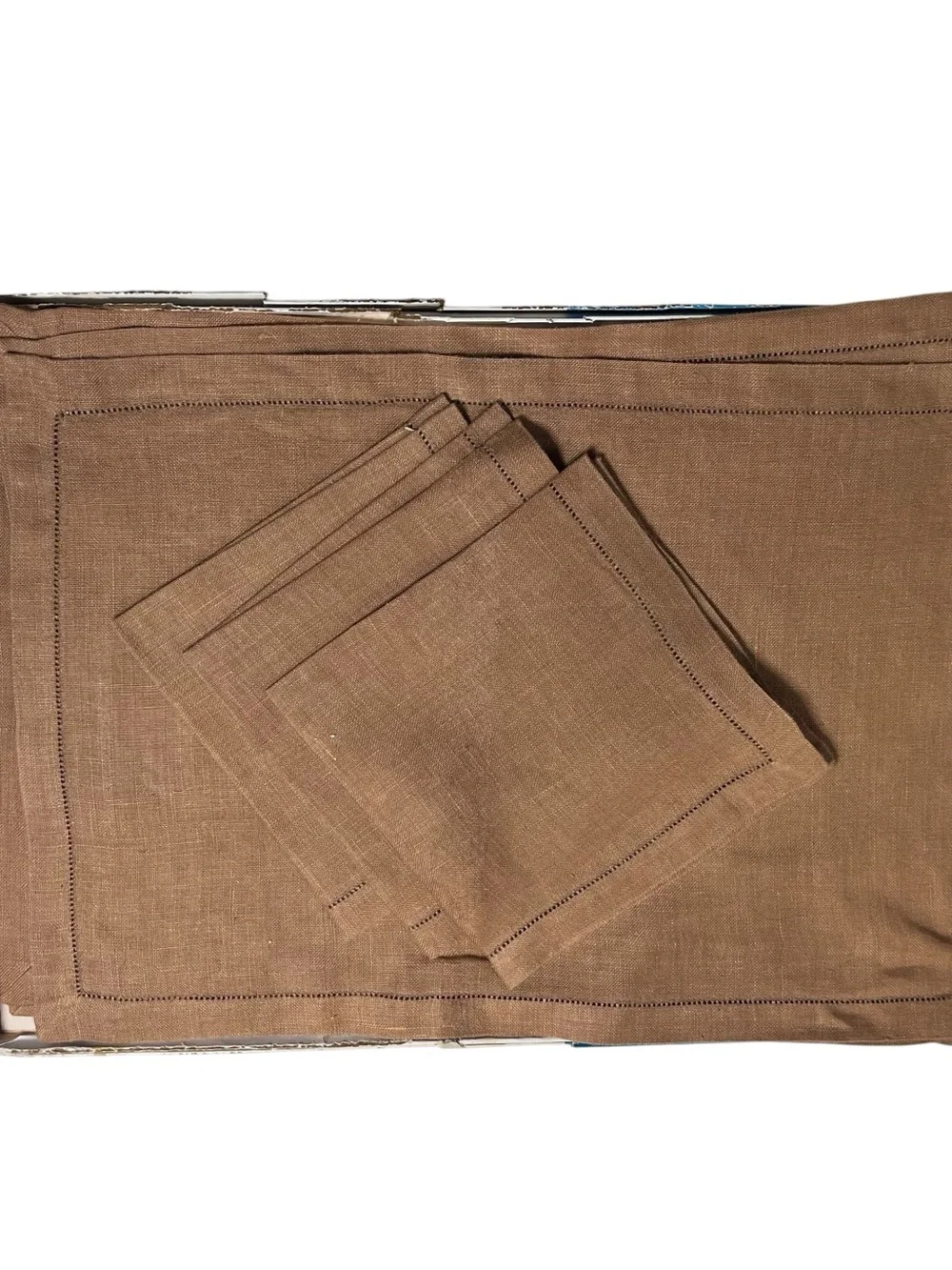 Vtg Belleair Royal Irish Linen Set Brown Hemstitch 7 Pcs (Missing 1 Napkin)